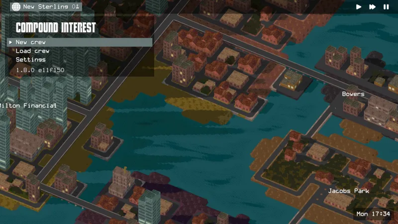 The Compound Interest title screen over New Sterling by day.
