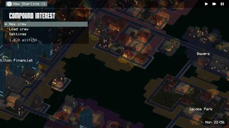 The Compound Interest title screen over New Sterling at night.