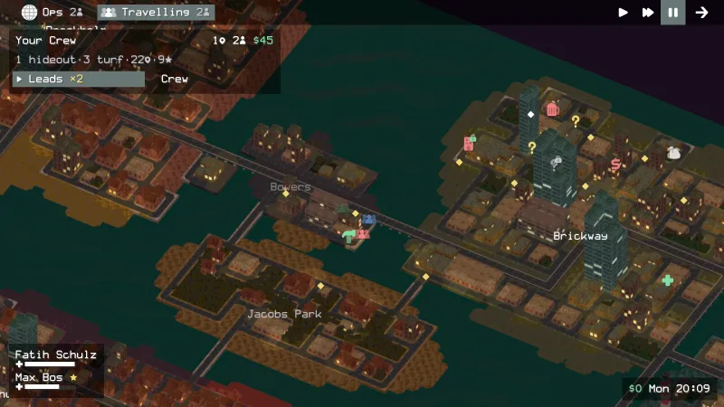 The living city map with crew and leads in motion.